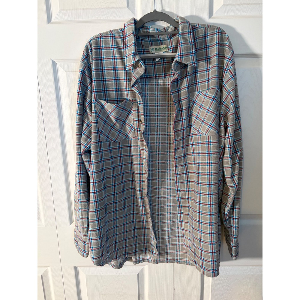 Haband Mens Fleece Plaid Button Down Shirt Tan Blue Red Long Sleeve L